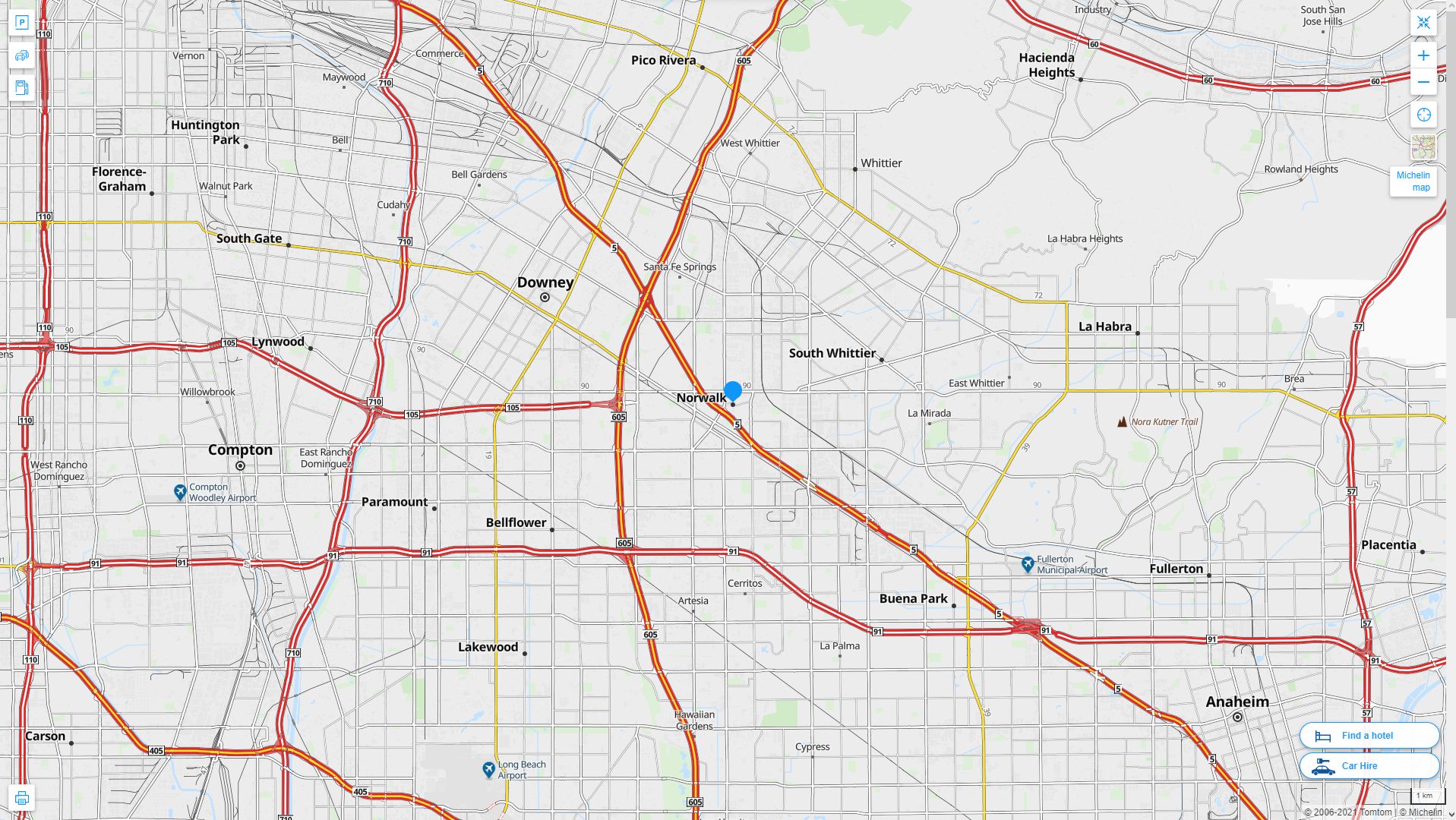 Norwalk California Highway and Road Map